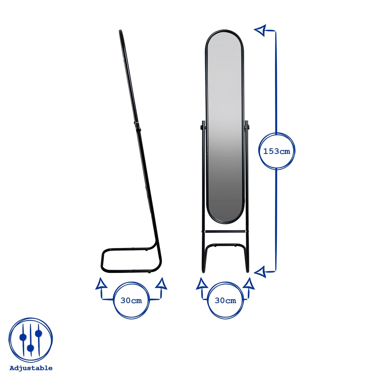 153cm x 30cm Black Round Full-Length Mirror