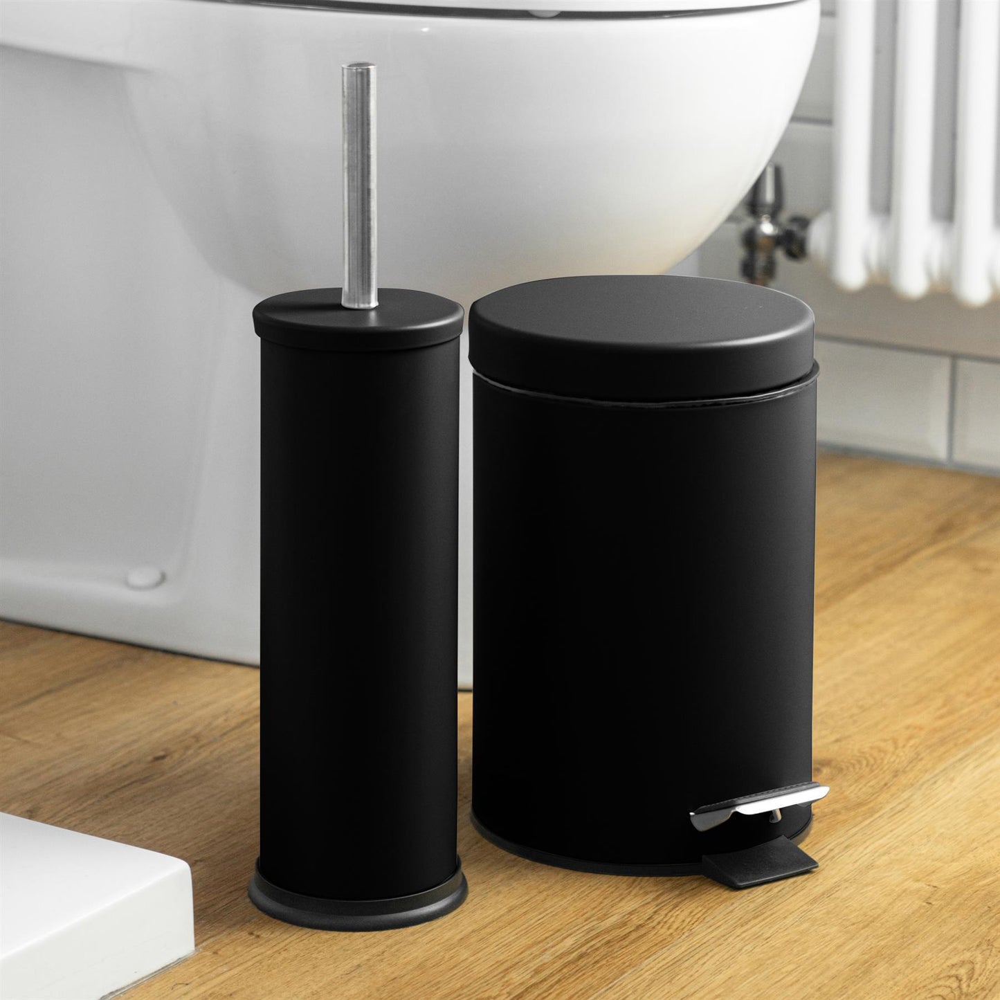 Matt Black Round Stainless Steel Toilet Brush & Bin Set