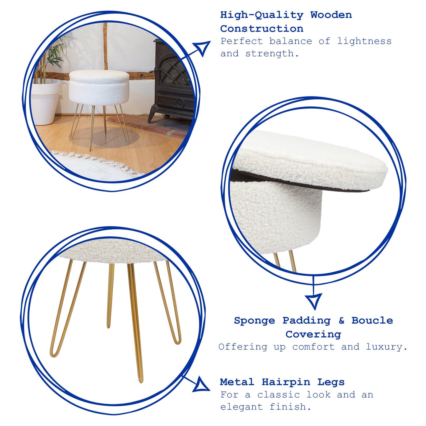 Cream H46 x D37cm Round Boucle Storage Footstool