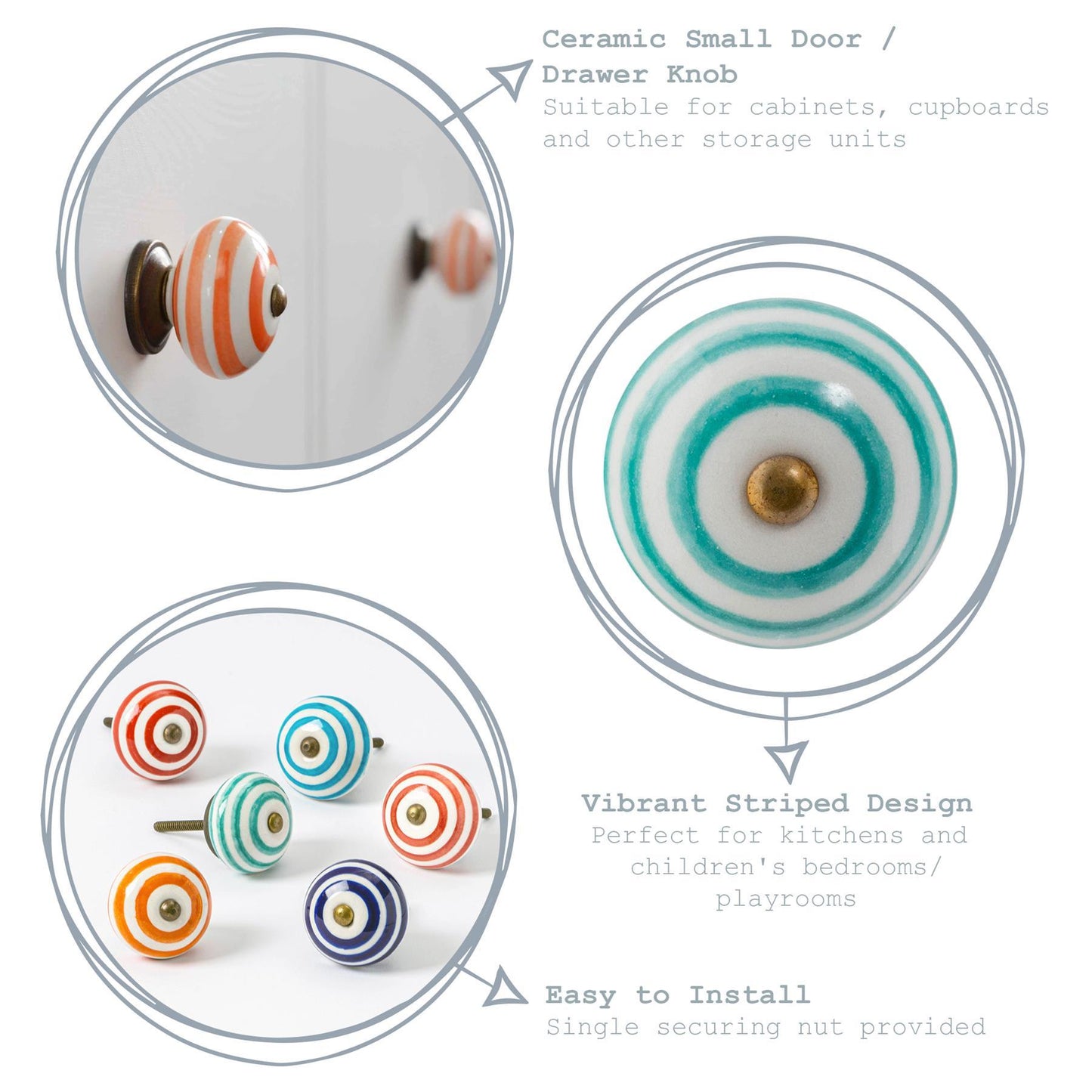 Round Ceramic Cabinet Knobs - Stripe - 6 Colours