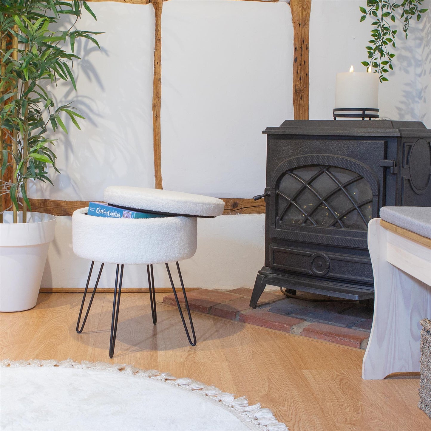 Cream H46 x D37cm Round Boucle Storage Footstool