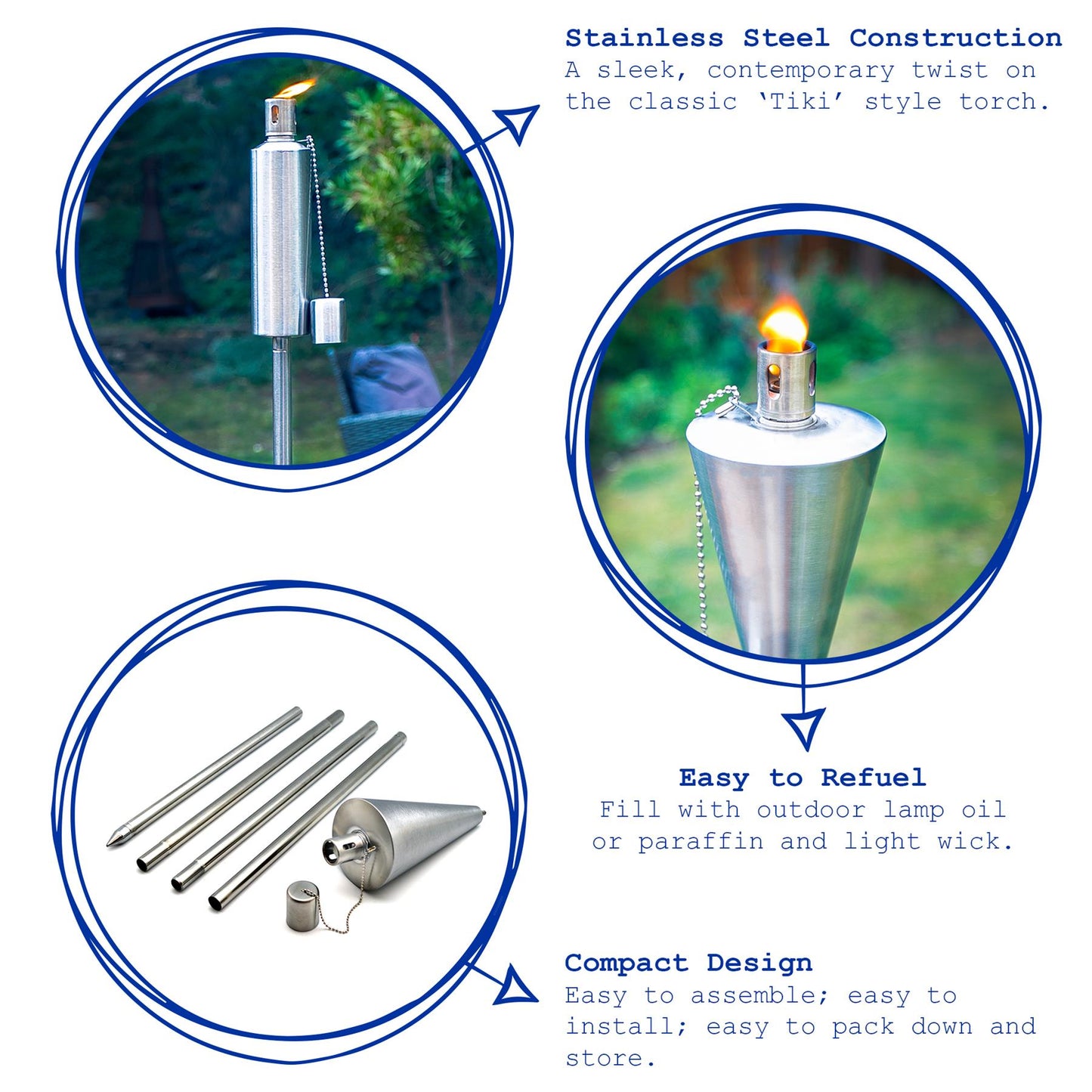 1.46m Metal Round Garden Fire Torches - Pack of 2