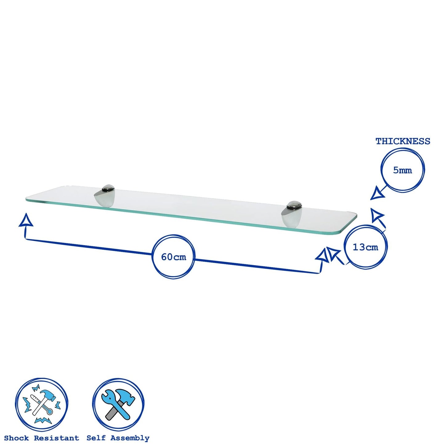 60cm Rounded Floating Glass Shelf with Black Fixings