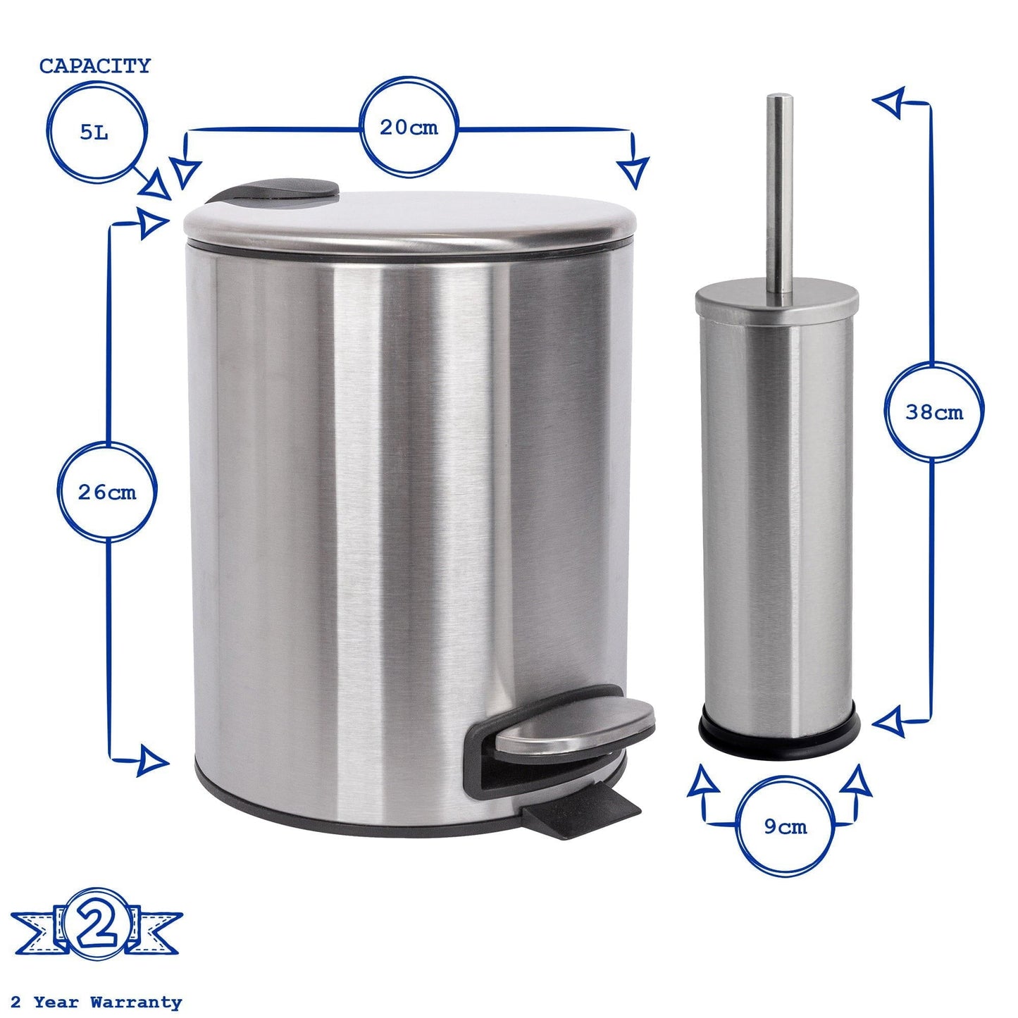 2pc 5L White Round Stainless Steel Pedal Bin & Toilet Brush Set