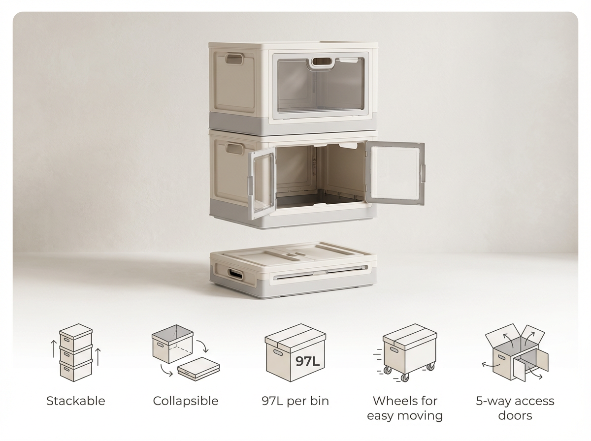 292L Collapsible Storage Bins 3-Pack – Stackable with Lids & Wheels
