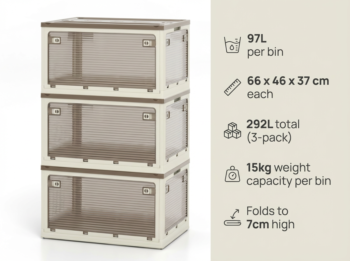 292L Collapsible Storage Bins 3-Pack – Stackable with Lids & Wheels