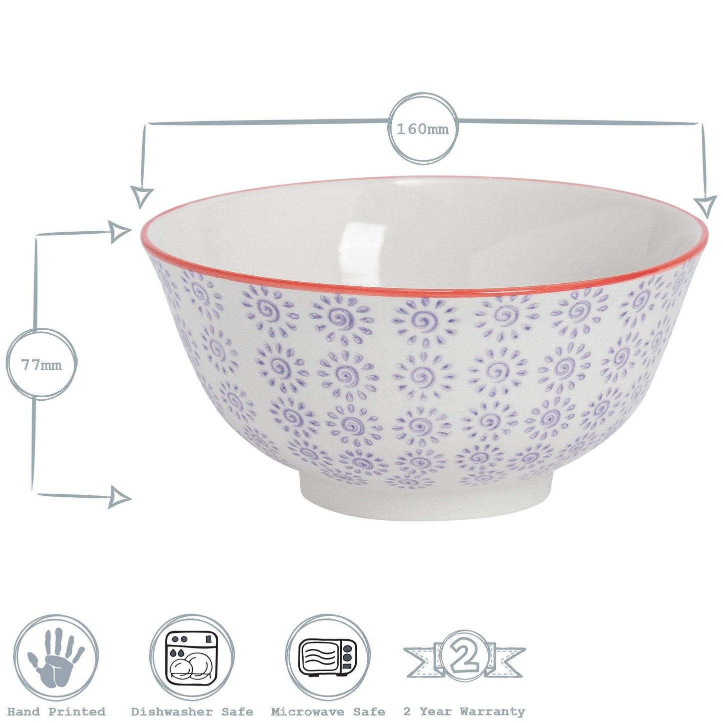 16cm Hand Printed Stoneware Cereal Bowl