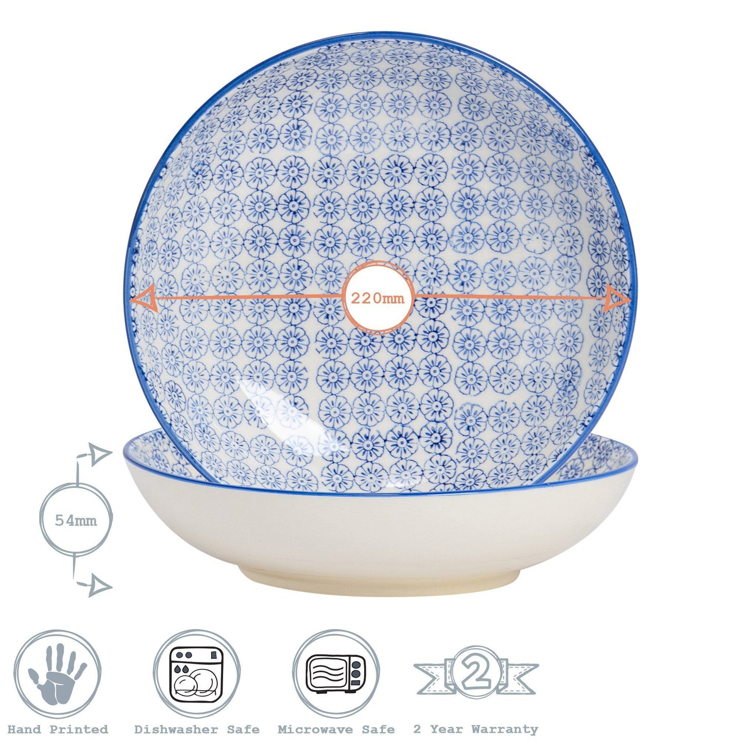 22cm Hand Printed Stoneware Pasta Bowl