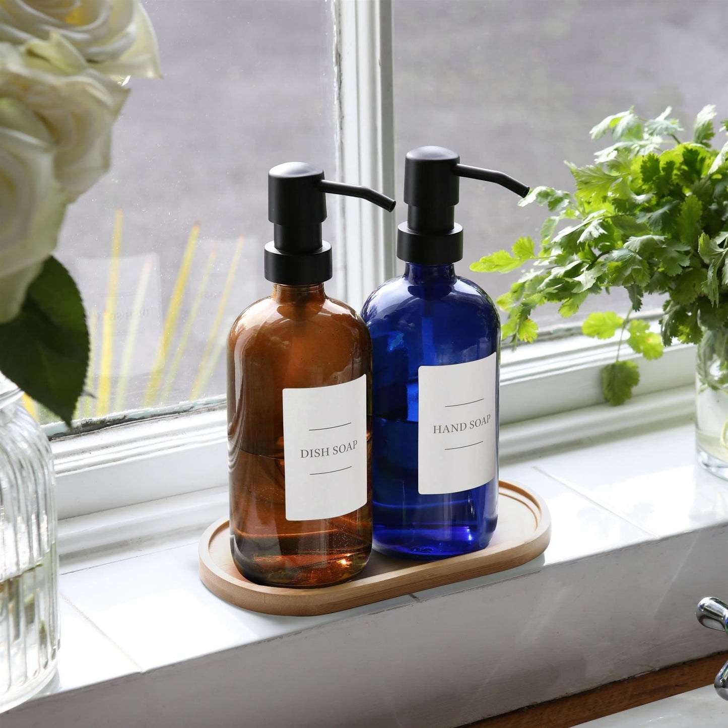 2pc 500ml Amber Glass Soap Dispenser with White Labels & Bamboo Tray