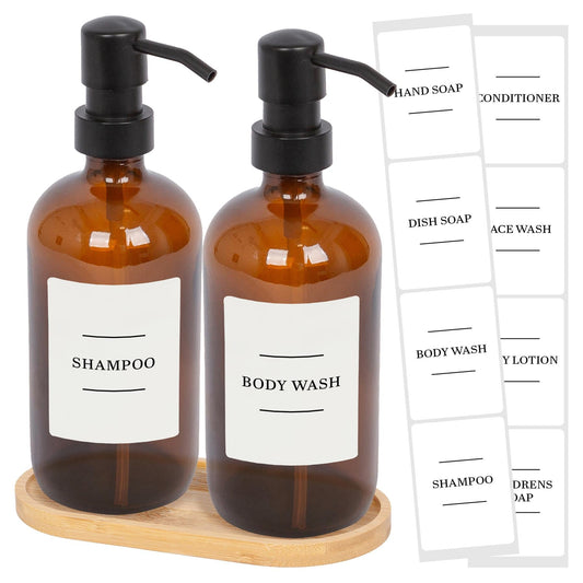 2pc 500ml Amber Glass Soap Dispenser with White Labels & Bamboo Tray