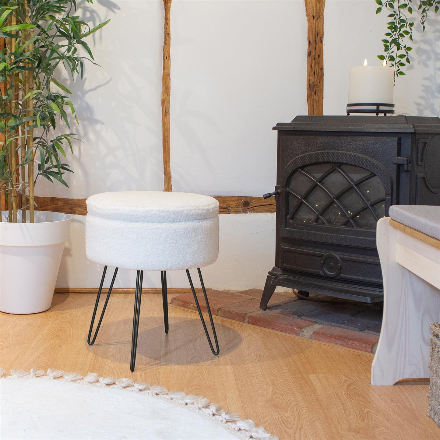 Cream H46 x D37cm Round Boucle Storage Footstool