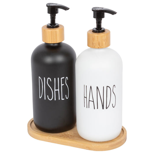 2pc 500ml Black & White Glass Hand & Dish Soap Dispenser Set with Bamboo Tray